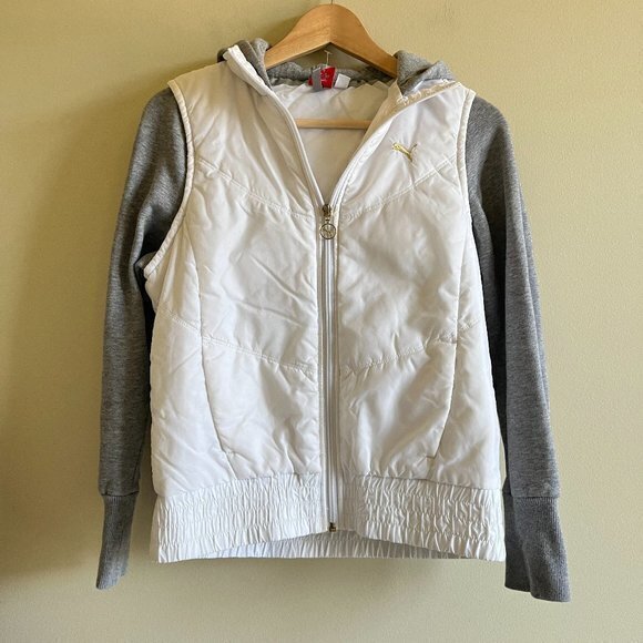 PUMA Apparel Women's Overlay Jacket Hooded Full Zip Front‎ Size M White Gray - Picture 2 of 7